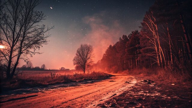 A serene dirt road winds its way through a mystical forest landscape at dusk, the trees silhouetted against a fiery sky, evoking a sense of peace and mystery.