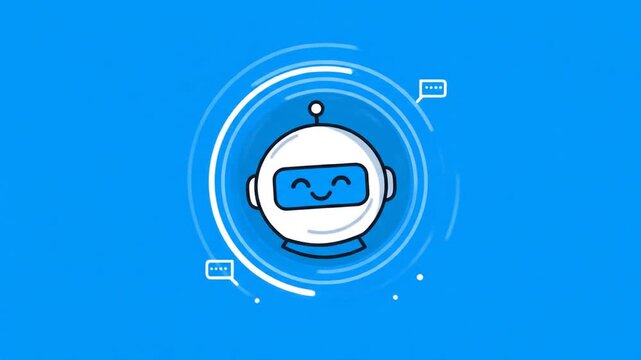 Animated robot head with digital interface on a vibrant blue background