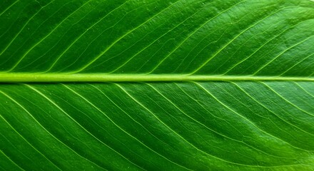 Extreme close-up of a vibrant green leaf, highlighting the detailed network of veins and central midrib