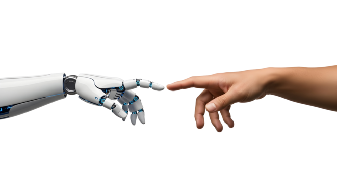 AI Robot Hand Human Finger Touch Connection Artificial Intelligence Future - Powered by Adobe