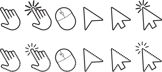 Mouse cursor and click pointer icons set. Hand click arrow, loading spinner, and computer mouse click symbols on transparent background
