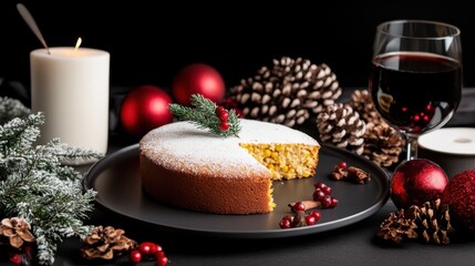 Naklejka premium Festive Cornbread Cake with Powdered Sugar and Wine: Slice of Holiday Cornbread with Pinecones, Ornaments, and Candle on Dark Background