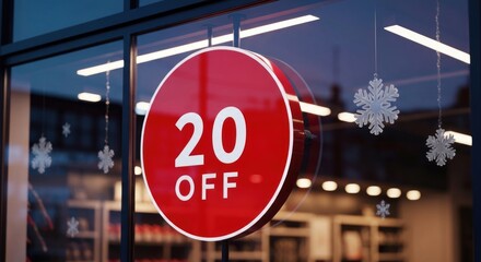 20% off sign in store window with snowflake decals, evening light