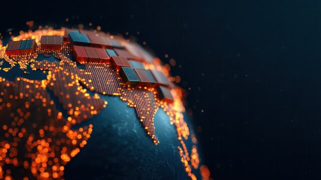 shipping transportation cost-effective. Digital representation of Earth with illuminated data points and grid-like structures.