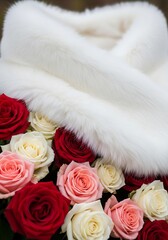 Elegant Roses and White Fur Shawl - A Luxurious Wedding Bouquet.