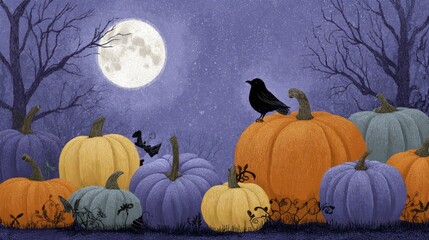 A painting of a pumpkin patch with a black crow perched on a pumpkin