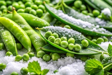 Closeup of fresh green peas with salt, a healthy and tasty vegetable