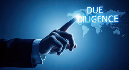 Due Diligence Global Business Concept: Businessman's Hand Touching Digital World Map, Investment Research, Financial Analysis, and Risk Assessment