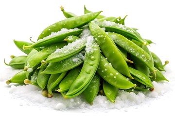 Pile of fresh green peas with salt isolated on white background