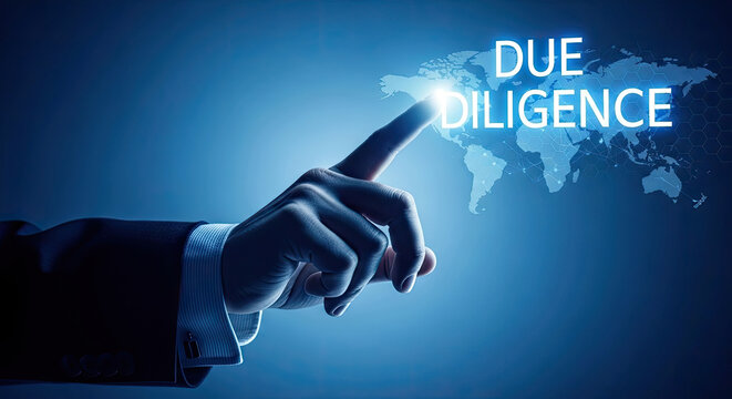 Due Diligence Global Business Concept: Businessman's Hand Touching Digital World Map, Investment Research, Financial Analysis, and Risk Assessment