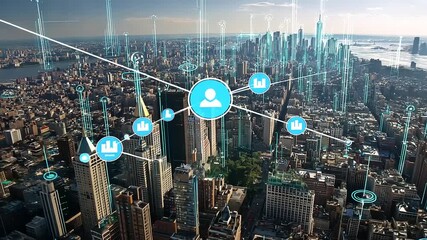 Aerial view of a bustling city skyline with digital connections, showcasing urban life and technology - Powered by Adobe