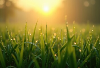 Fototapeta premium Dew-Covered Grass at Dawn Exuding Serenity and Freshness in Morning Light