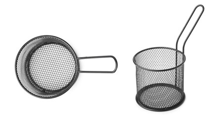 Deep fryer baskets on white background