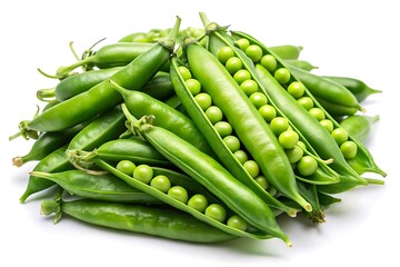 Pile of fresh green peas isolated on white background, close up