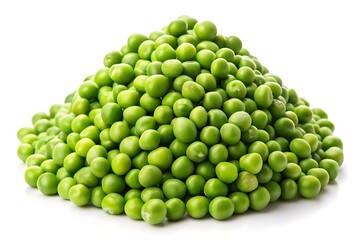 Pile of fresh green peas isolated on white background, close up