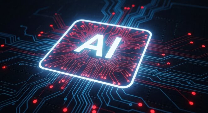 Artificial Intelligence circuit board with glowing AI text and red accents
