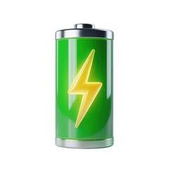 3d a green battery with yellow bolt on on transparent background