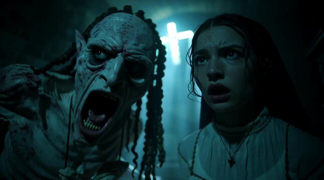 Creepy scene of a horror movie: a startled exorcist is shocked by a company she is into