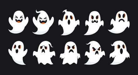 Fototapeta premium A collection of cute and spooky cartoon ghosts with various expressions for Halloween.