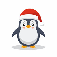Fototapeta premium Adorable cartoon penguin wearing a Santa hat, winter holiday illustration in flat style. Perfect for Christmas cards, children’s designs, and festive decorations.