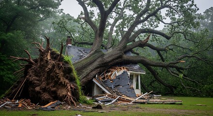 Tree Damage After a Storm - A House Crushed by Fallen Tree.