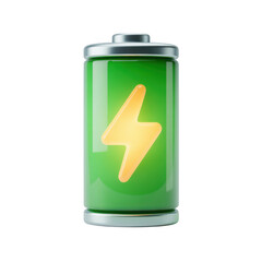 3d green battery with lightning bolt on transparent background