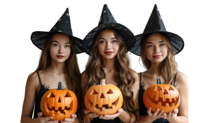 Three young women in witch hats holding carved jackolanterns, isolated on transparent background