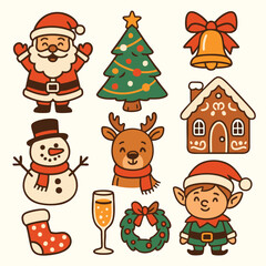 Isolated layered Christmas icons separated with cheerful expressions including Santa tree