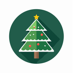 Fototapeta premium Flat vector Christmas tree with star topper and red ornaments inside a green circle. Minimalist holiday symbol for festive cards and winter decor.