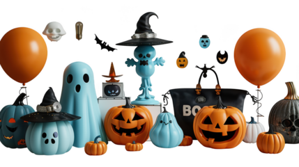 A festive halloween scene with pumpkins, ghosts, bats, and a witch, isolated on transparent background