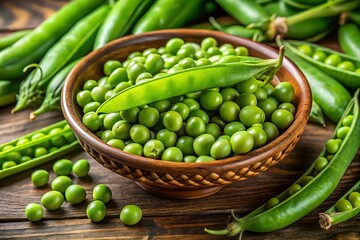 Fresh green peas in a bowl on a wooden table, healthy food concept