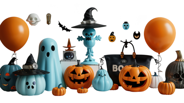 A festive halloween scene with pumpkins, ghosts, bats, and a witch, isolated on transparent background