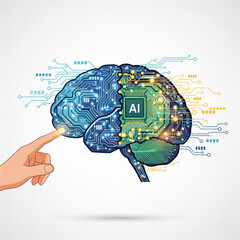 Human hand interacting with a digital brain featuring an AI chip, symbolizing artificial intelligence and technological advancement.