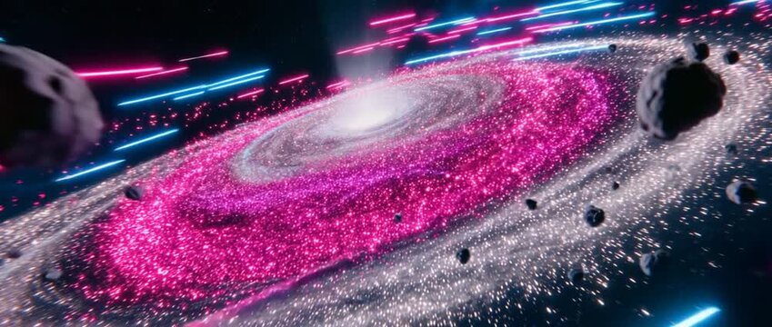 Abstract galaxy illustration with asteroid field and glowing particles