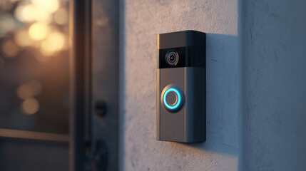A ring doorbell camera mounted on a wall next to a door with a glowing blue ring button visible