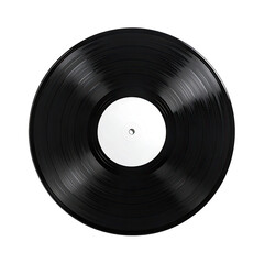 Obraz premium Black vinyl record, glossy surface, blank white label, spinning grooves, music