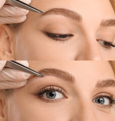 Collage with young woman undergoing eyebrow correction procedure, closeup