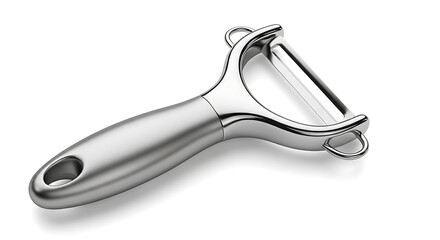 Obraz premium Shiny Stainless Steel Vegetable Peeler on White Background.