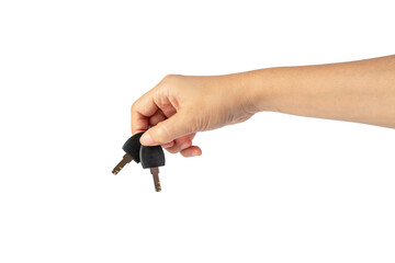 Black locker key in hand on transparent background