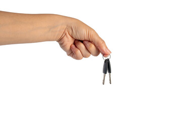 Black locker key in hand on transparent background