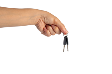 Black locker key in hand on transparent background