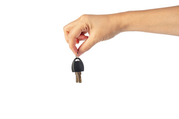 Black locker key in hand on transparent background