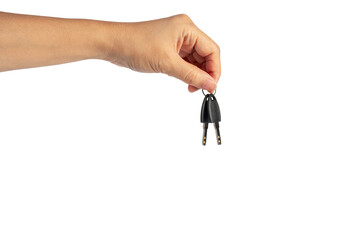 Black locker key in hand on transparent background