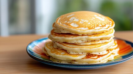 Stack of Golden Pancakes on a Colorful Plate, Bright Background, Delicious Breakfast Treat, Food Photography, Minimalist, Copy Space