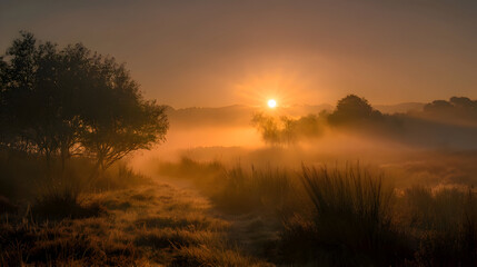 Fototapeta premium Golden sunrise over misty meadow with trees