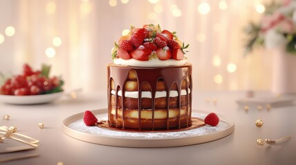 Elegant Chocolate Drip Cake Topped with Strawberries, Festive Background, Delicious Food Photography, Gourmet Dessert, Copy Space