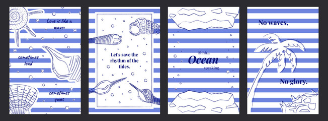 Minimalistic beach posters set. Summer sea cards in line art style