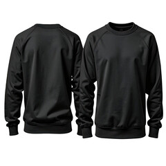 Front and back view of a black crewneck sweatshirt. Solid color, long sleeves