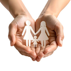 Hands cupping a paper family of two women and a child, symbolizing care