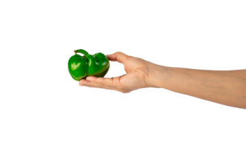Green sweet bell pepper in hand isolated on transparent background